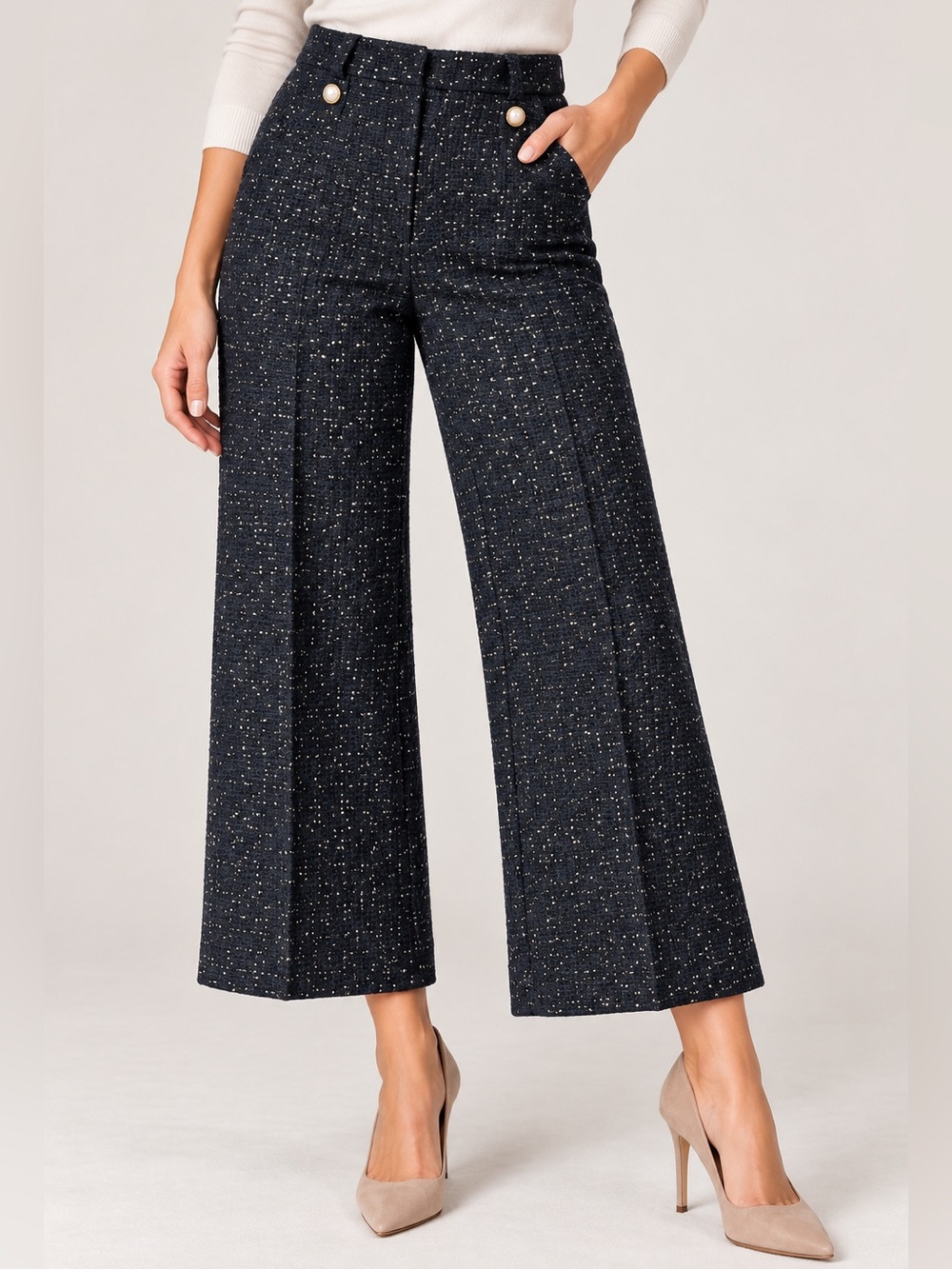 Ann Taylor Navy Metallic Tweed Wide Leg Sailor Pants, Size 8
